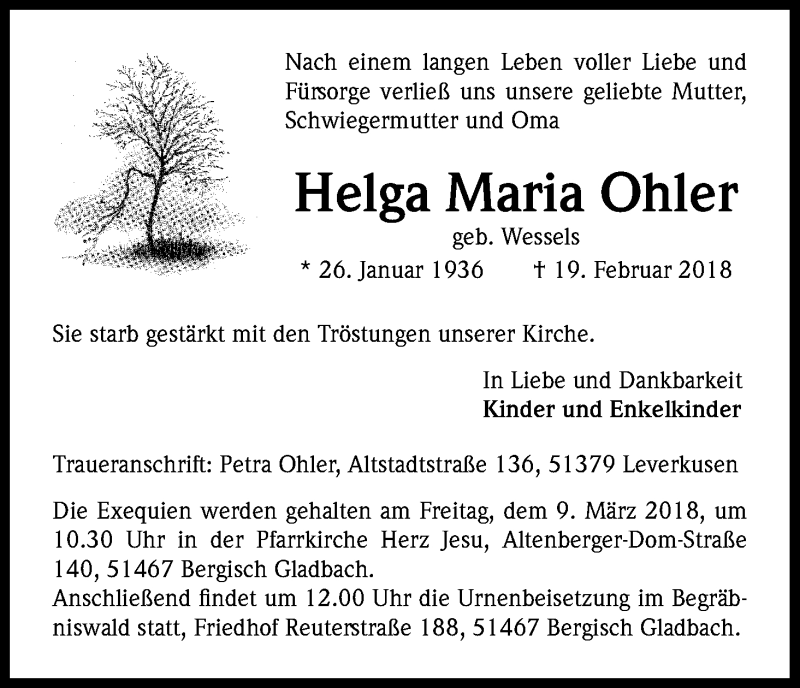  Traueranzeige für Helga Maria Ohler vom 07.03.2018 aus Kölner Stadt-Anzeiger / Kölnische Rundschau / Express