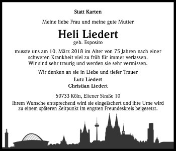 Anzeige von Heli Liedert von Kölner Stadt-Anzeiger / Kölnische Rundschau / Express