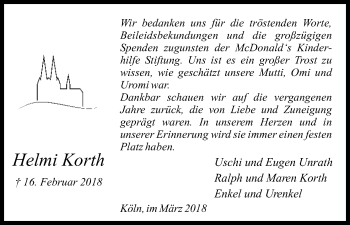 Anzeige von Helmi Korth von Kölner Stadt-Anzeiger / Kölnische Rundschau / Express