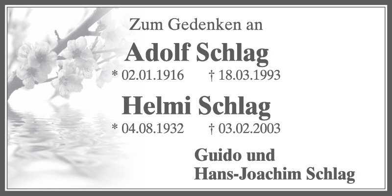  Traueranzeige für Helmi Schlag vom 21.03.2018 aus  Wochenende 