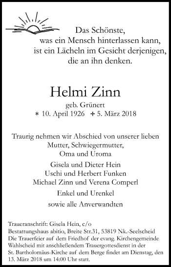 Anzeige von Helmi Zinn von Kölner Stadt-Anzeiger / Kölnische Rundschau / Express