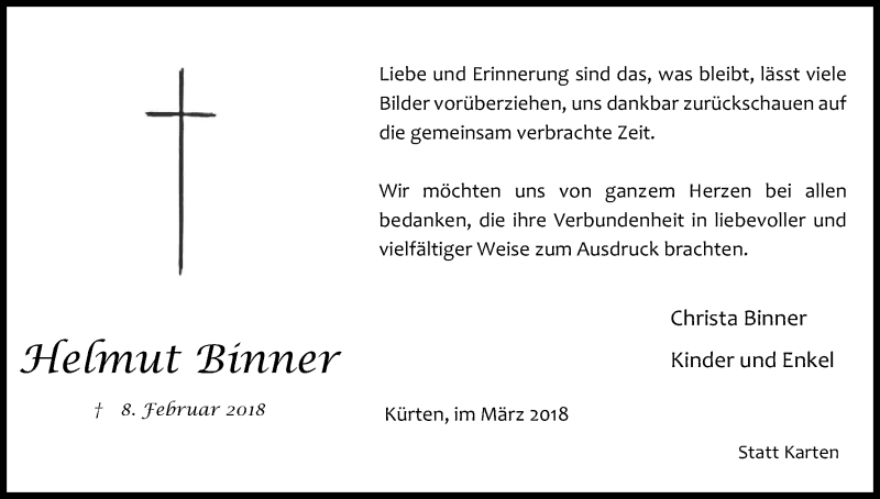  Traueranzeige für Helmut Binner vom 24.03.2018 aus Kölner Stadt-Anzeiger / Kölnische Rundschau / Express
