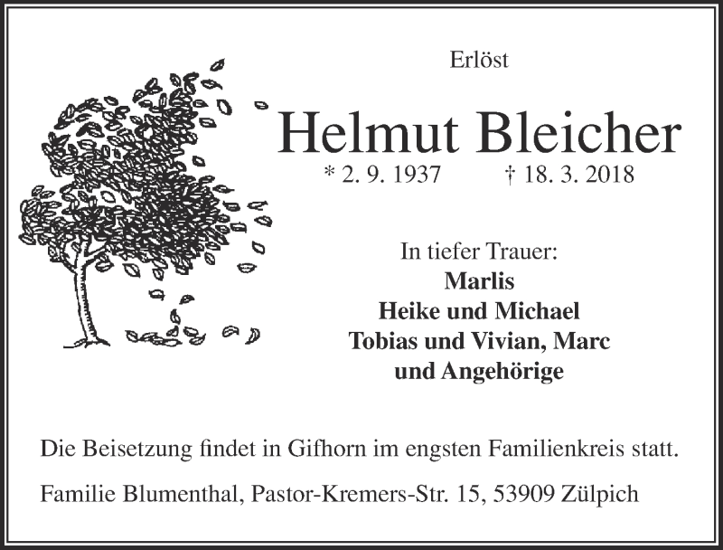  Traueranzeige für Helmut Bleicher vom 24.03.2018 aus  Blickpunkt Euskirchen 