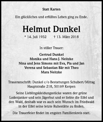 Anzeige von Helmut Dunkel von Kölner Stadt-Anzeiger / Kölnische Rundschau / Express