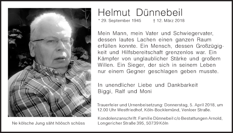  Traueranzeige für Helmut Dünnebeil vom 28.03.2018 aus  Wochenende 