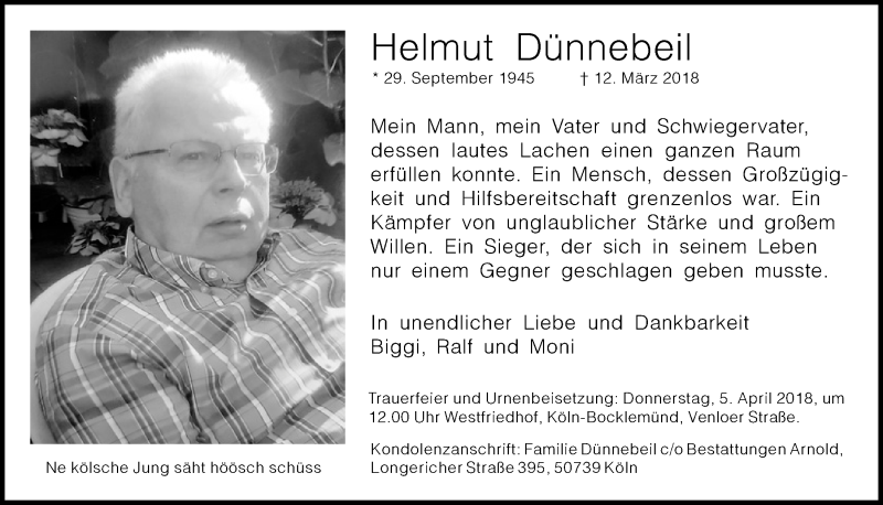 Traueranzeige für Helmut Dünnebeil vom 24.03.2018 aus  Sonntags-Post 