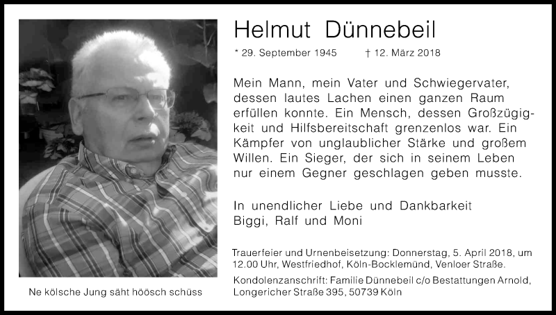  Traueranzeige für Helmut Dünnebeil vom 24.03.2018 aus Kölner Stadt-Anzeiger / Kölnische Rundschau / Express
