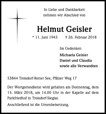 Anzeige von Helmut Geisler von Kölner Stadt-Anzeiger / Kölnische Rundschau / Express