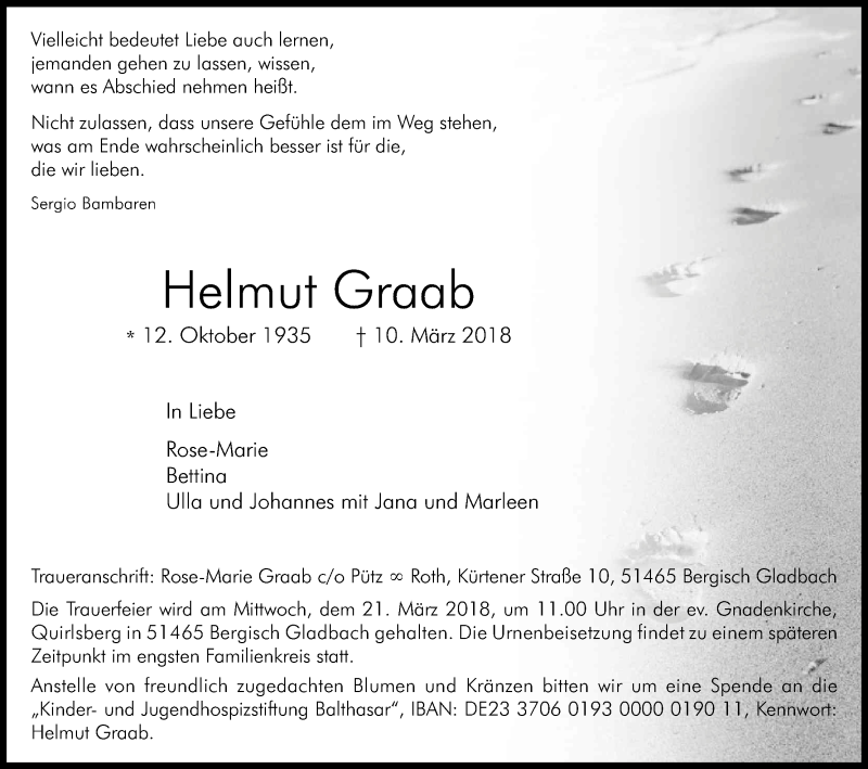  Traueranzeige für Helmut Graab vom 17.03.2018 aus Kölner Stadt-Anzeiger / Kölnische Rundschau / Express