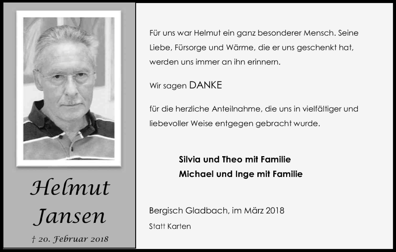  Traueranzeige für Helmut Jansen vom 17.03.2018 aus Kölner Stadt-Anzeiger / Kölnische Rundschau / Express
