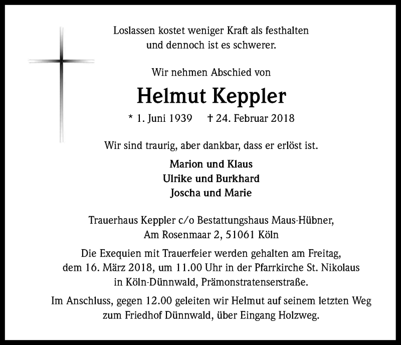  Traueranzeige für Helmut Keppler vom 10.03.2018 aus Kölner Stadt-Anzeiger / Kölnische Rundschau / Express