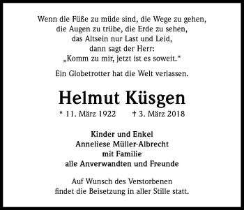 Anzeige von Helmut Küsgen von Kölner Stadt-Anzeiger / Kölnische Rundschau / Express