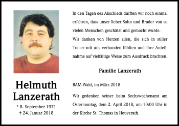 Anzeige von Helmut Lanzerath von Kölner Stadt-Anzeiger / Kölnische Rundschau / Express