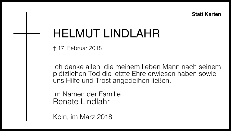  Traueranzeige für Helmut Lindlahr vom 17.03.2018 aus Kölner Stadt-Anzeiger / Kölnische Rundschau / Express