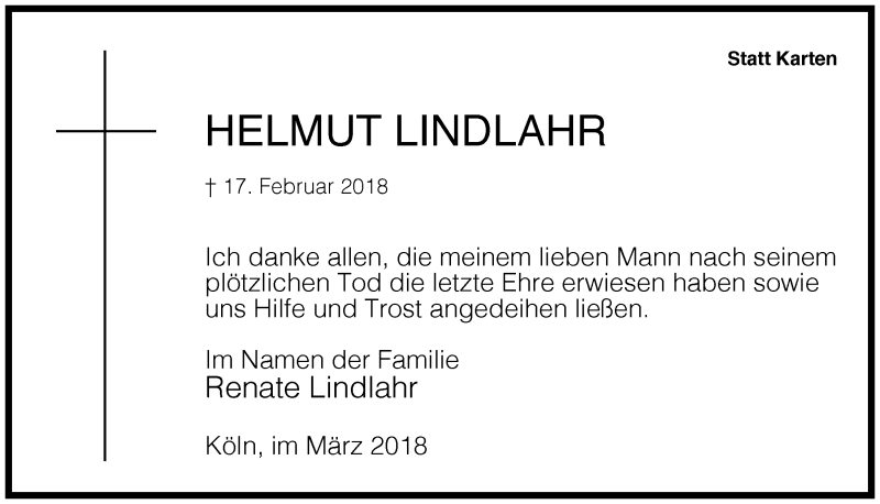  Traueranzeige für Helmut Lindlahr vom 17.03.2018 aus 