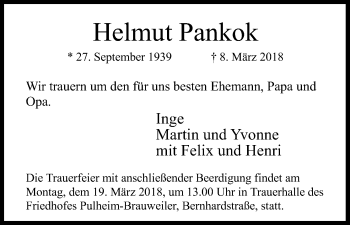 Anzeige von Helmut Pankok von Kölner Stadt-Anzeiger / Kölnische Rundschau / Express