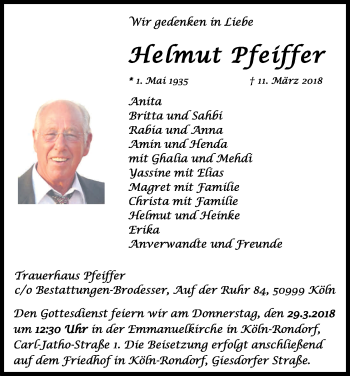 Anzeige von Helmut Pfeiffer von Kölner Stadt-Anzeiger / Kölnische Rundschau / Express