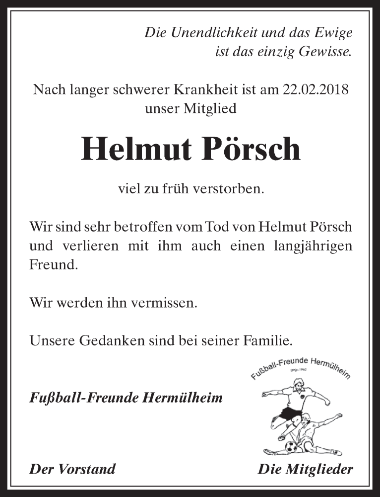  Traueranzeige für Helmut Pörsch vom 14.03.2018 aus  Wochenende 