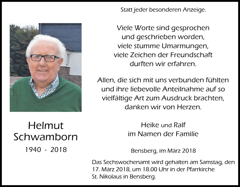 Traueranzeige für Helmut Schwamborn vom 16.03.2018 aus Kölner Stadt-Anzeiger / Kölnische Rundschau / Express
