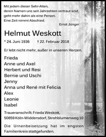 Anzeige von Helmut Weskott von Kölner Stadt-Anzeiger / Kölnische Rundschau / Express