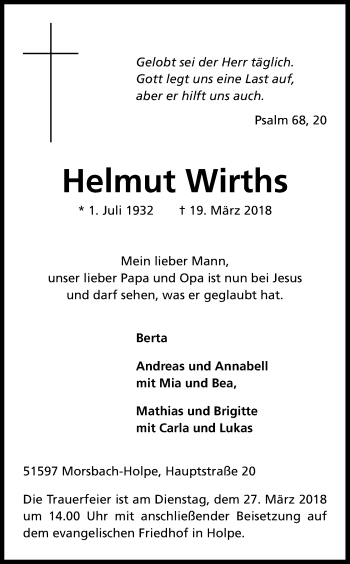 Anzeige von Helmut Wirths von Kölner Stadt-Anzeiger / Kölnische Rundschau / Express