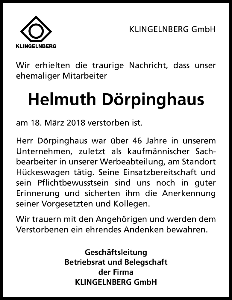  Traueranzeige für Helmuth Dörpinghaus vom 27.03.2018 aus Kölner Stadt-Anzeiger / Kölnische Rundschau / Express