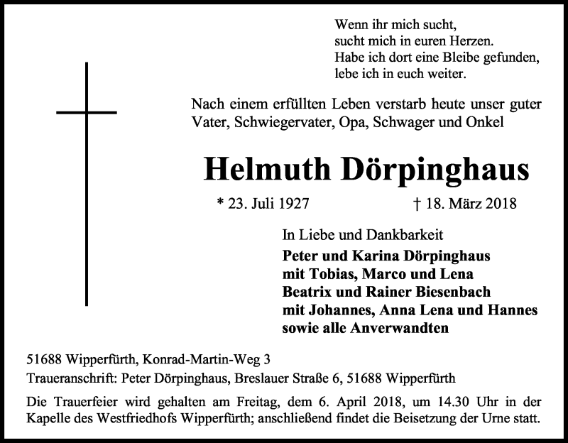  Traueranzeige für Helmuth Dörpinghaus vom 24.03.2018 aus Kölner Stadt-Anzeiger / Kölnische Rundschau / Express