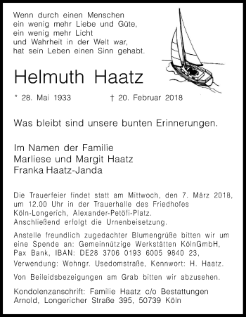 Anzeige von Helmuth Haatz von Kölner Stadt-Anzeiger / Kölnische Rundschau / Express