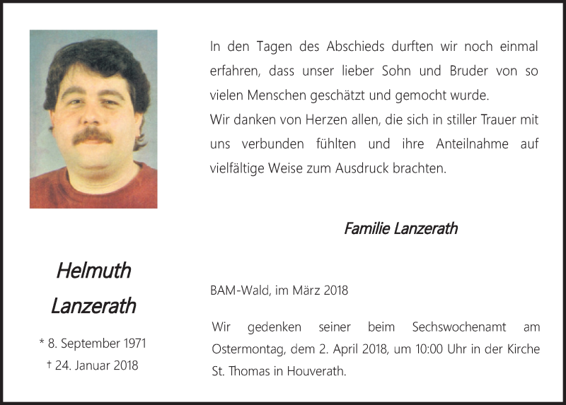  Traueranzeige für Helmuth Lanzerath vom 24.03.2018 aus  Blickpunkt Euskirchen 