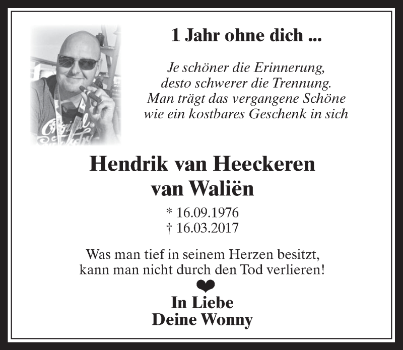  Traueranzeige für Hendrik van Heeckeren van Waliën vom 14.03.2018 aus  Werbepost 
