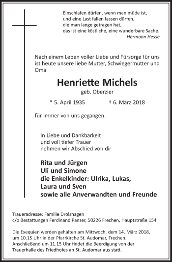 Anzeige von Henriette Michels von  Sonntags-Post 