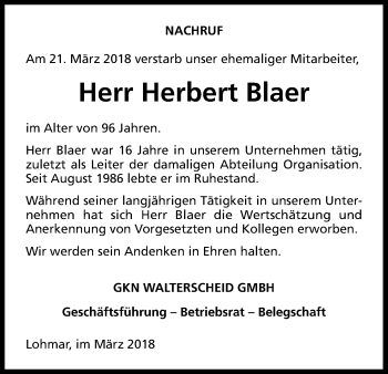 Anzeige von Herbert Blaer von Kölner Stadt-Anzeiger / Kölnische Rundschau / Express
