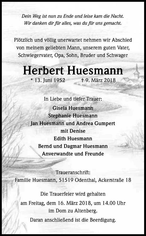  Traueranzeige für Herbert Huesmann vom 14.03.2018 aus Kölner Stadt-Anzeiger / Kölnische Rundschau / Express
