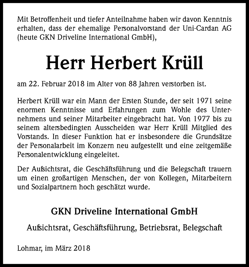  Traueranzeige für Herbert Krüll vom 03.03.2018 aus Kölner Stadt-Anzeiger / Kölnische Rundschau / Express