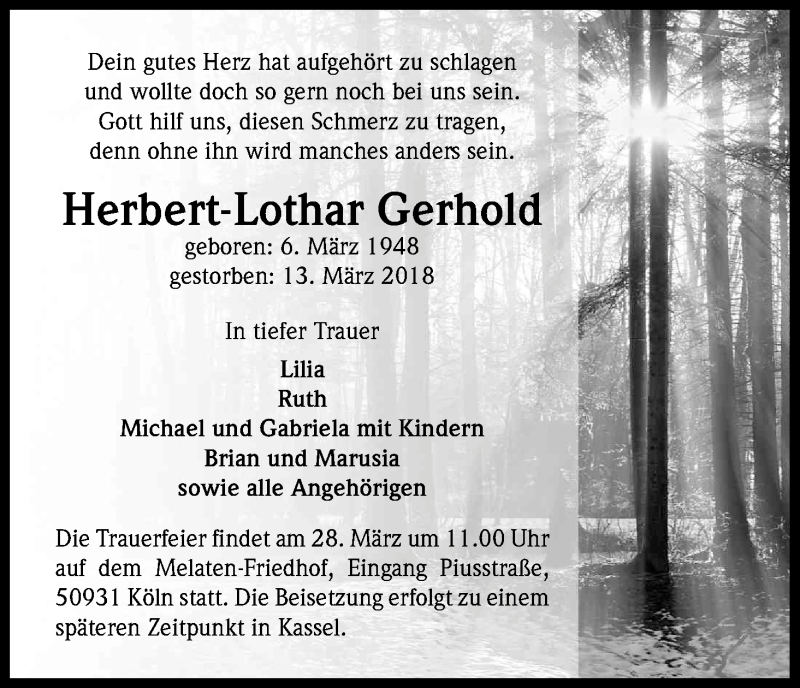  Traueranzeige für Herbert-Lothar Gerhold vom 22.03.2018 aus Kölner Stadt-Anzeiger / Kölnische Rundschau / Express