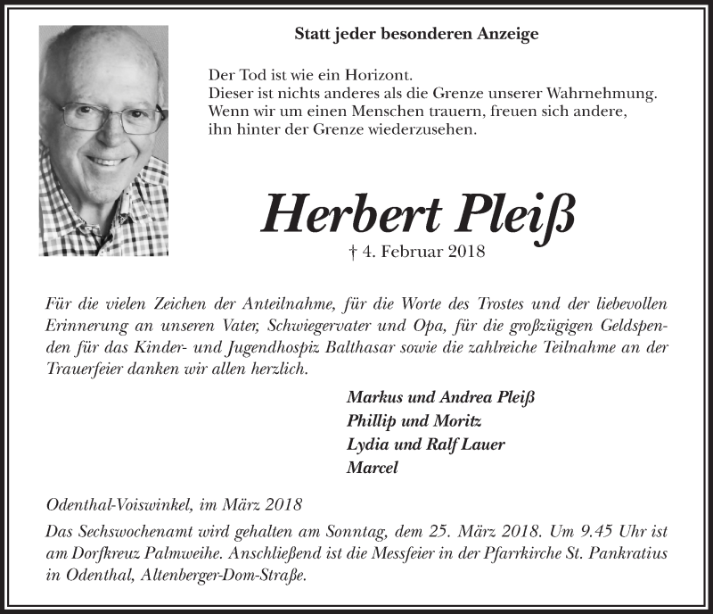  Traueranzeige für Herbert Pleiß vom 21.03.2018 aus  Bergisches Handelsblatt 