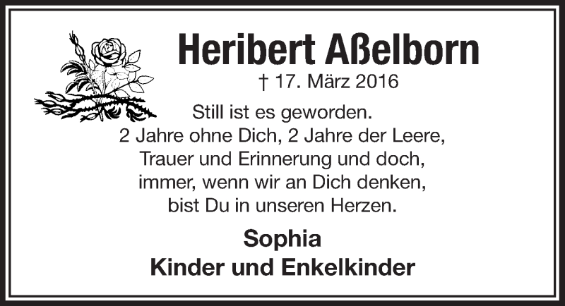  Traueranzeige für Heribert Aßelborn vom 17.03.2018 aus  Bergisches Sonntagsblatt 