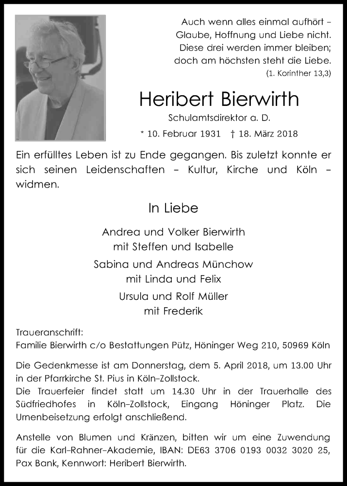  Traueranzeige für Heribert Bierwirth vom 24.03.2018 aus Kölner Stadt-Anzeiger / Kölnische Rundschau / Express
