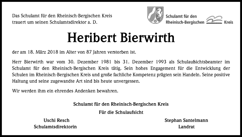 Traueranzeige für Heribert Bierwirth vom 31.03.2018 aus Kölner Stadt-Anzeiger / Kölnische Rundschau / Express