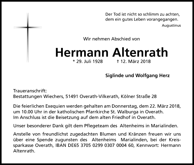  Traueranzeige für Hermann Altenrath vom 17.03.2018 aus Kölner Stadt-Anzeiger / Kölnische Rundschau / Express