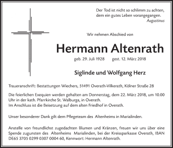 Anzeige von Hermann Altenrath von  Bergisches Sonntagsblatt 