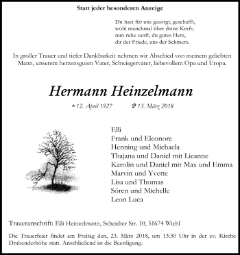 Anzeige von Hermann Heinzelmann von Kölner Stadt-Anzeiger / Kölnische Rundschau / Express