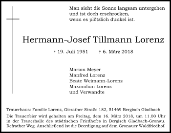 Anzeige von Hermann-Josef Tillmann Lorenz von Kölner Stadt-Anzeiger / Kölnische Rundschau / Express