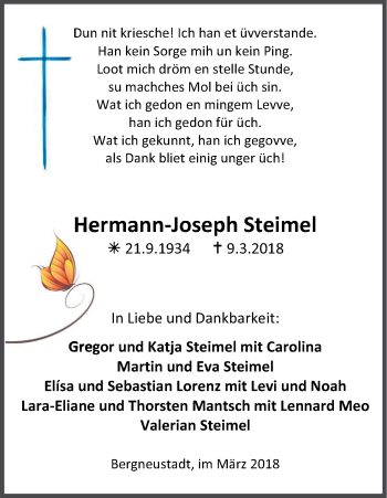 Anzeige von Hermann-Joseph Steimel von Kölner Stadt-Anzeiger / Kölnische Rundschau / Express