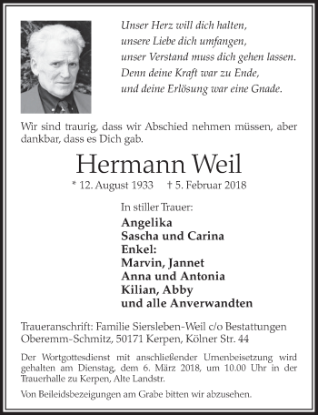 Anzeige von Hermann Weil von  Sonntags-Post 