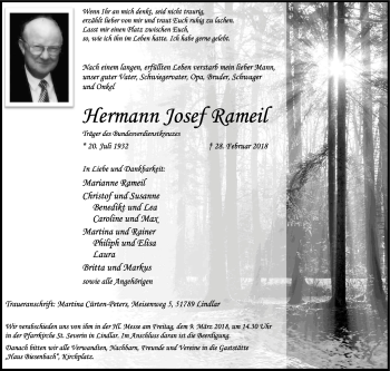 Anzeige von Hermann Josef Rameil von Kölner Stadt-Anzeiger / Kölnische Rundschau / Express