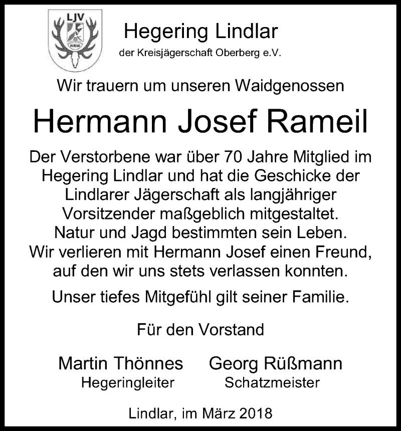  Traueranzeige für Hermann Josef Rameil vom 10.03.2018 aus Kölner Stadt-Anzeiger / Kölnische Rundschau / Express