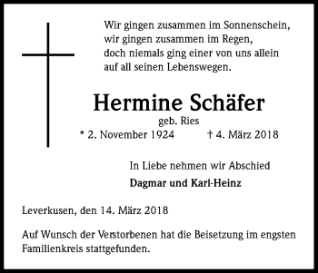 Anzeige von Hermine Schäfer von Kölner Stadt-Anzeiger / Kölnische Rundschau / Express