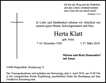 Anzeige von Herta Klatt von Kölner Stadt-Anzeiger / Kölnische Rundschau / Express