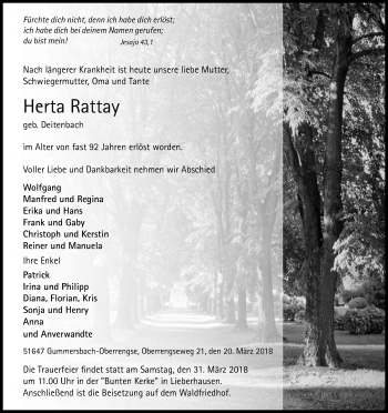Anzeige von Herta Rattay von Kölner Stadt-Anzeiger / Kölnische Rundschau / Express